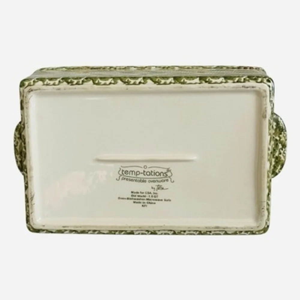 Vintage Temp-tations by Tara Old World Green Ceramic 1.5 QT Baker EXC
